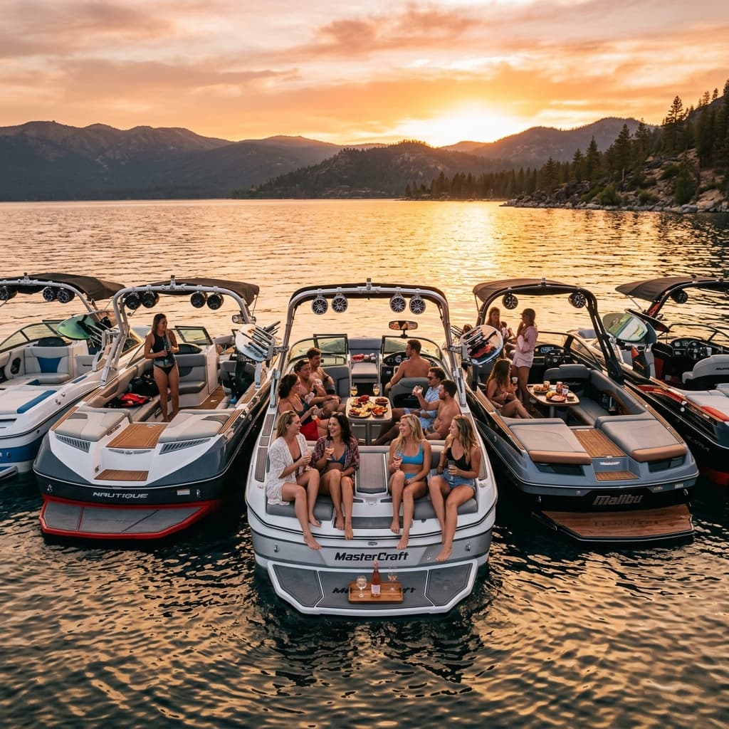 Wakeboard boats anchored together on a calm lake during sunset
